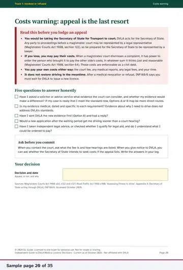 Sample page 20 of 35: Costs warning: appeal is the last resort. Opens a larger view.